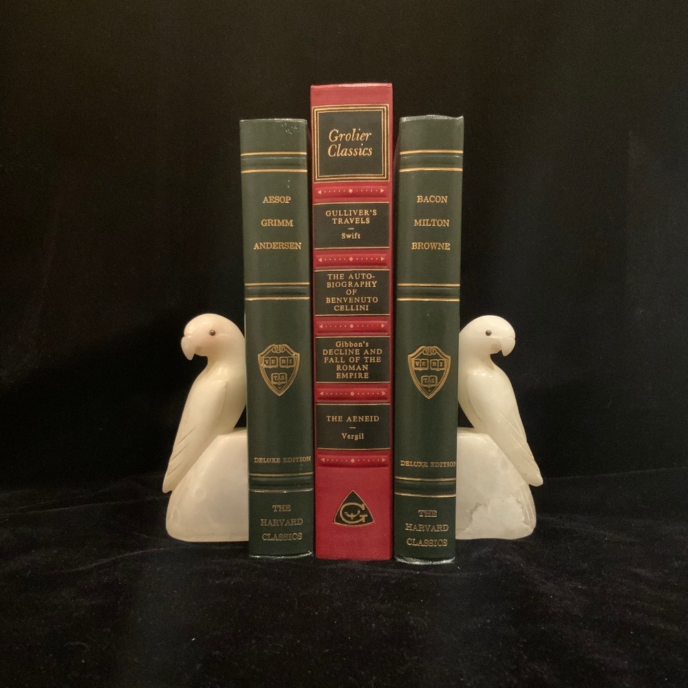 French Art Deco White Alabaster Parakeets Bookends